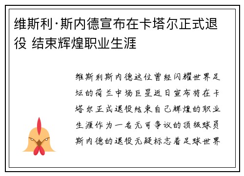 维斯利·斯内德宣布在卡塔尔正式退役 结束辉煌职业生涯